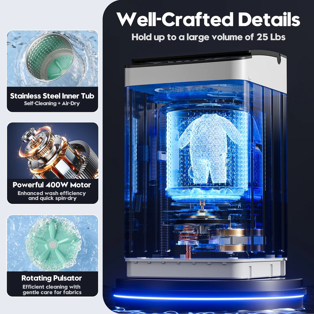Auertech 18lbs Portable Washing Machine, Fully Automatic Portable Washer with LED Display,Washer & Dryer Combo, 7 Wash Cycles, 4 Water Levels