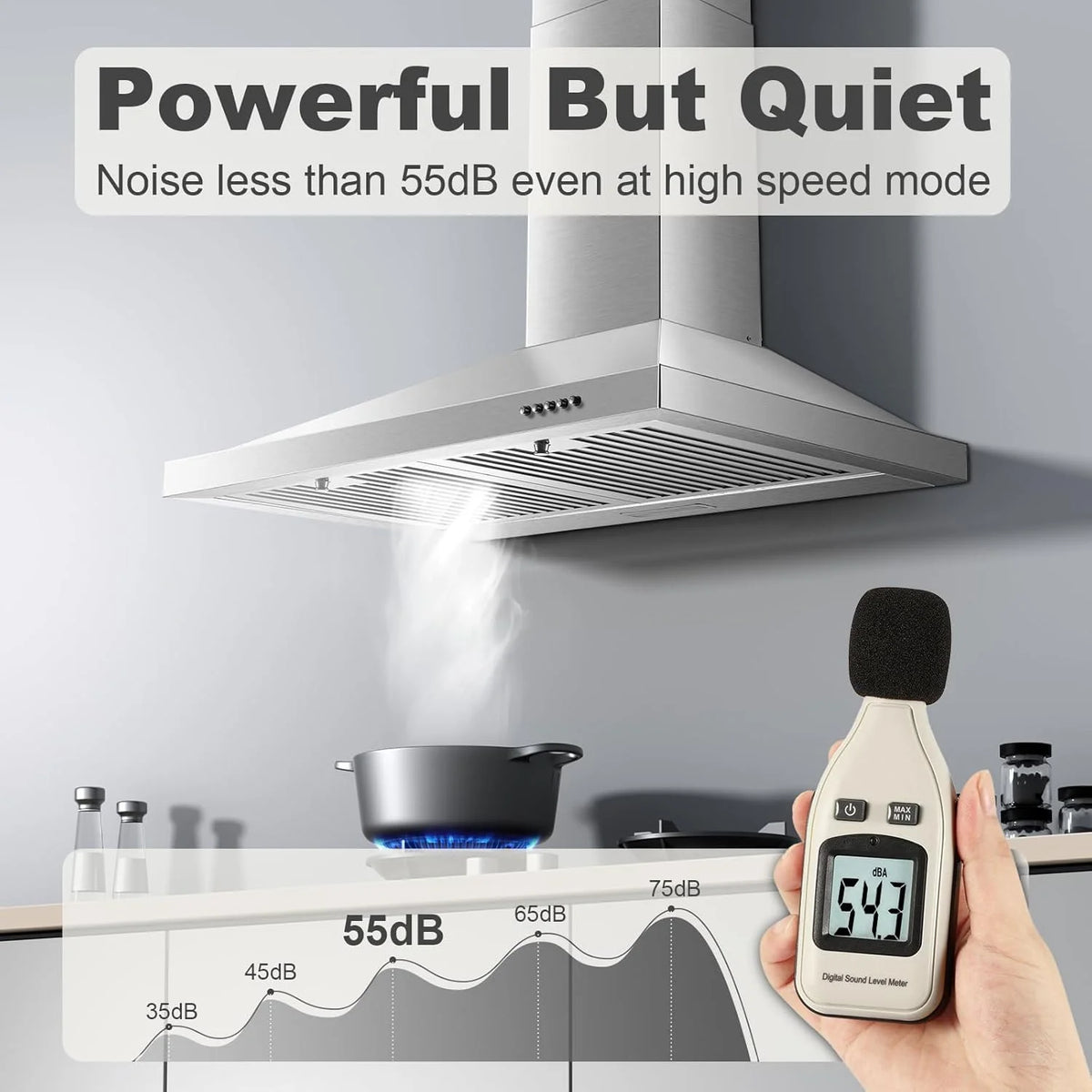 30-inch Wall Mount Range Hood 450CFM - Stainless Steel Kitchen Vent Hood, Ultra Quiet 55dB, Ducted/Ductless Convertible, 3-Speed + LED Light, Dishwasher-Safe Baffle Filters 120V