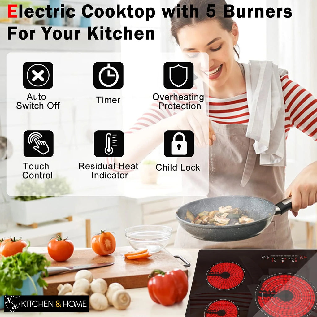 K&H German Designed 5 Burner 36 inch Built-in Kitchen Stove Top Electric Radiant Ceramic Kitchen Cooktop Touch Control 240V 9600W CE36-10208