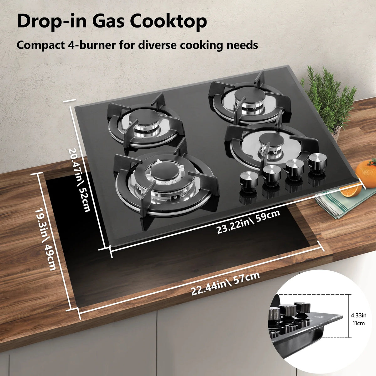 GRACEALL 4 Burner Gas Stove Cooktop 24in, Glass Top Built-in Gas Burner Hob, NG/LPG Compatible or use with Propane or Neutral Gas