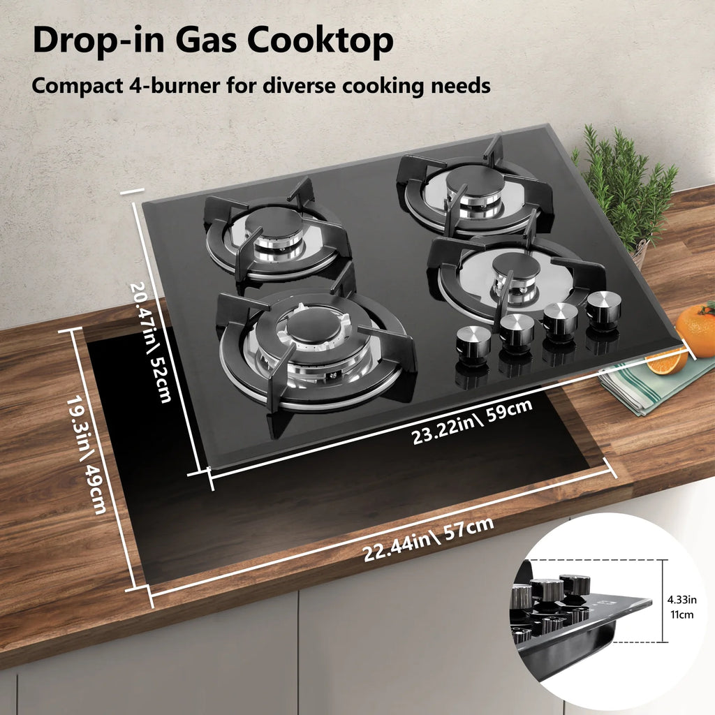 Nardea Gas Stovetop 4 Burner, Built-in/Countertop Propane Gas Cooktop, LPG/NG Dual Fuel Convertible Gas Stove Top with Thermocouple Protection, Black Tempered Glass, 27400BTU