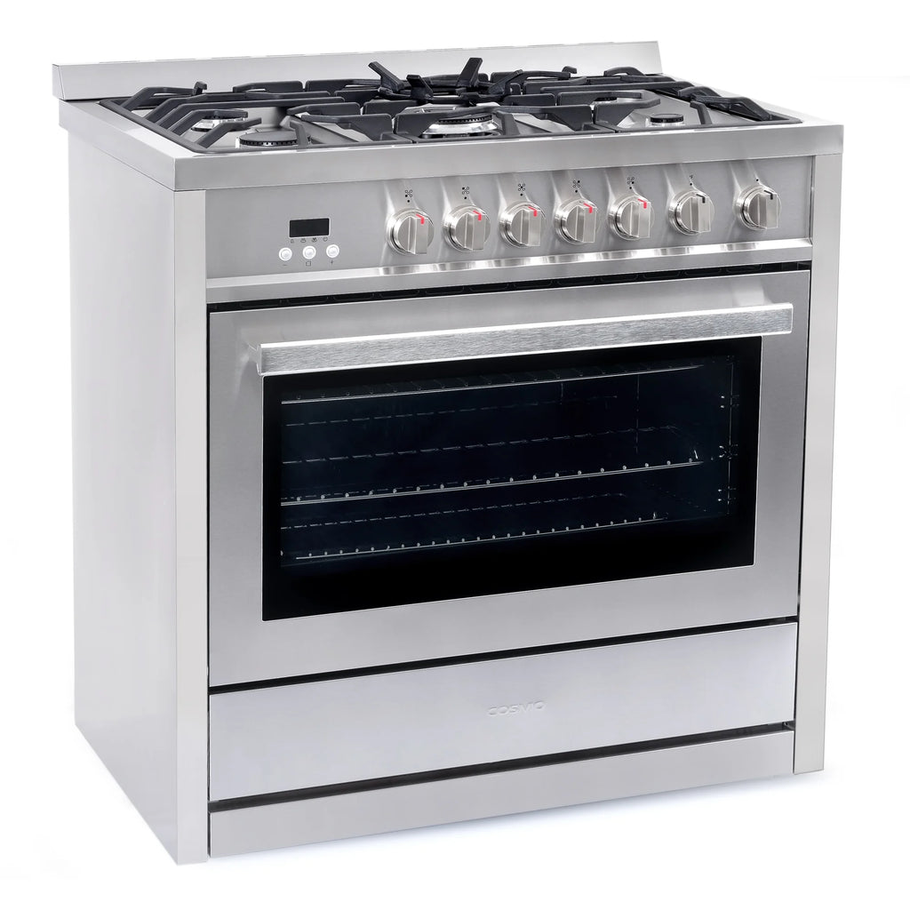 Cosmo 4 Piece Kitchen Appliance Packages with 36" Freestanding 220/240V Dual Fuel Range 36" Under Cabinet Mount Range Hood 24" Built-in Dishwasher & French Door Refrigerator Kitchen Appliance Bundles