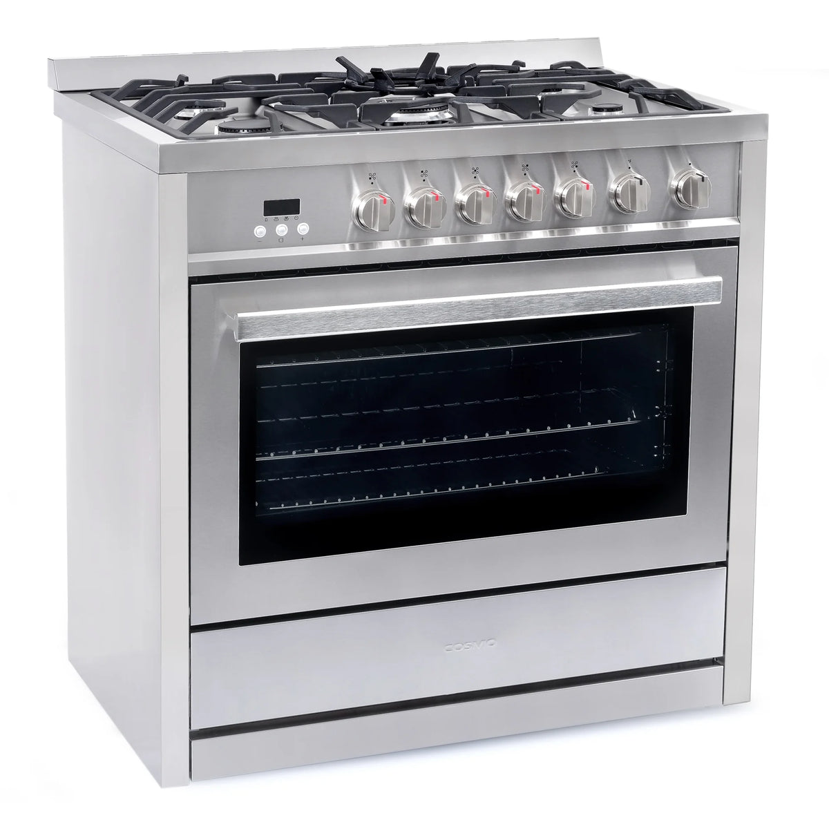Cosmo 4 Piece Kitchen Appliance Packages with 36" Freestanding 220/240V Dual Fuel Range 36" Under Cabinet Mount Range Hood 24" Built-in Dishwasher & French Door Refrigerator Kitchen Appliance Bundles
