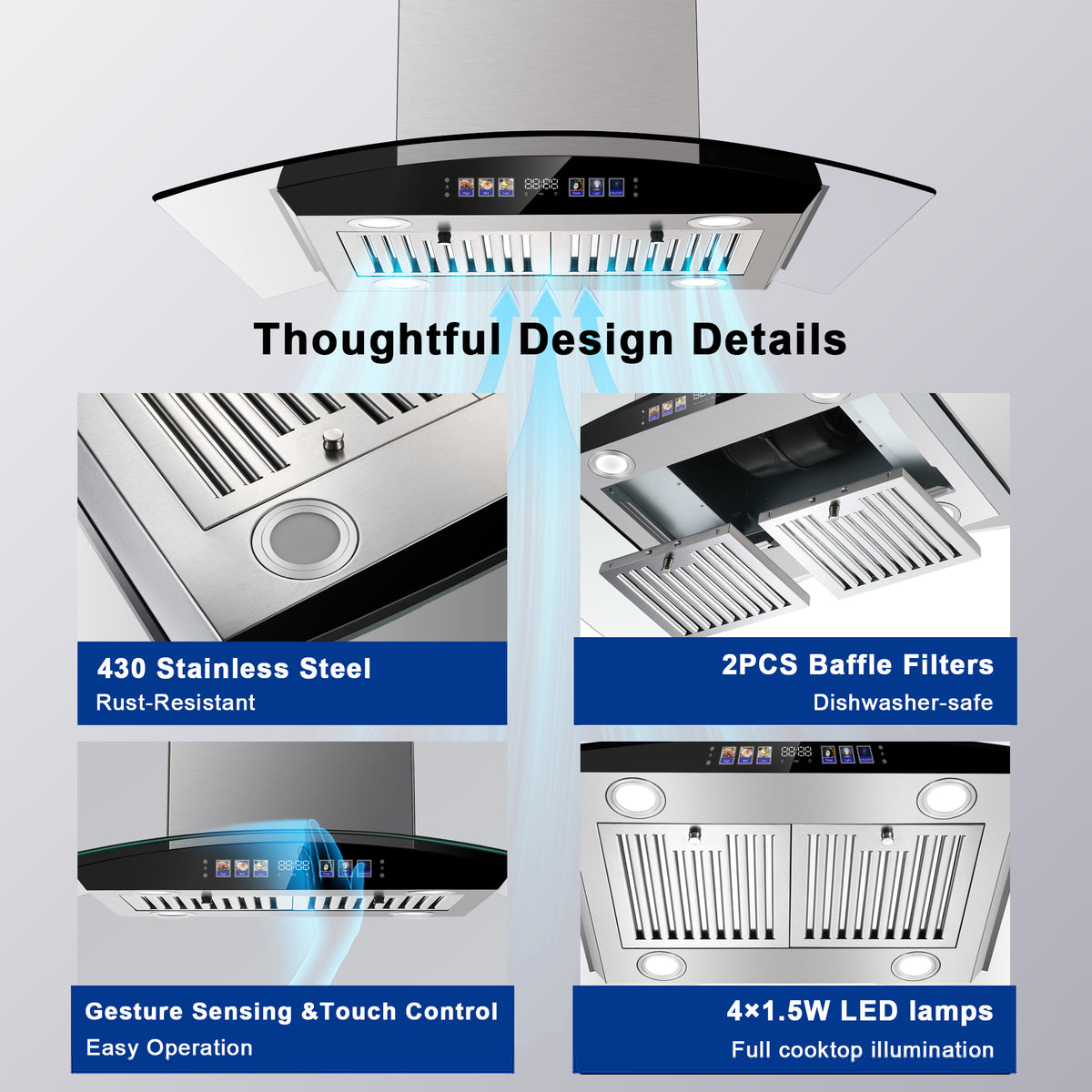 30 inch Stainless Steel Island Mount Range Hood 700 CFM, 120V Exhaust Fan, 3-Speed 65dB, Gesture Control & LED Lights?