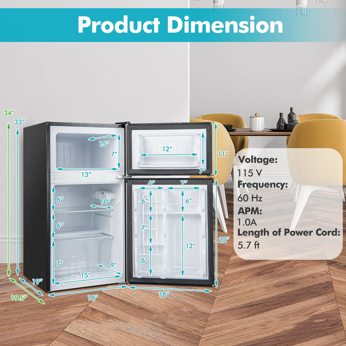 Costway FP10226US-SL Mini Refrigerator with Freezer Compact, Black and Silver, 19'' x 18'' x 33''