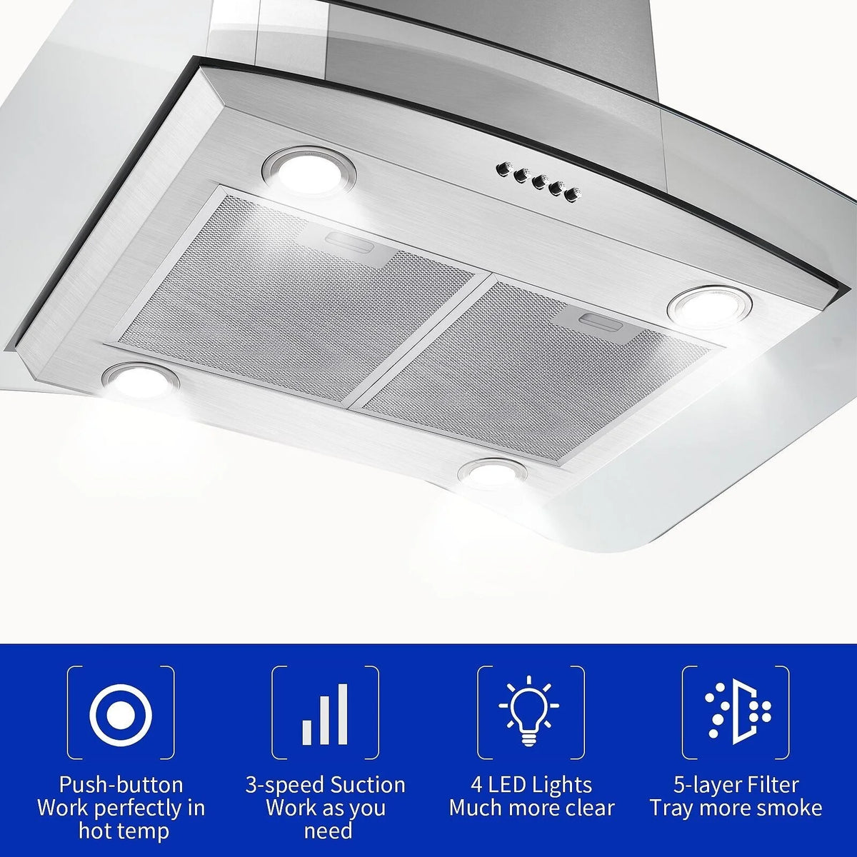 "Joeaonz 30"" Island Mount Range Hood, Stainless Steel, LED Bulbs, Easy-Clean Filters, 120V"