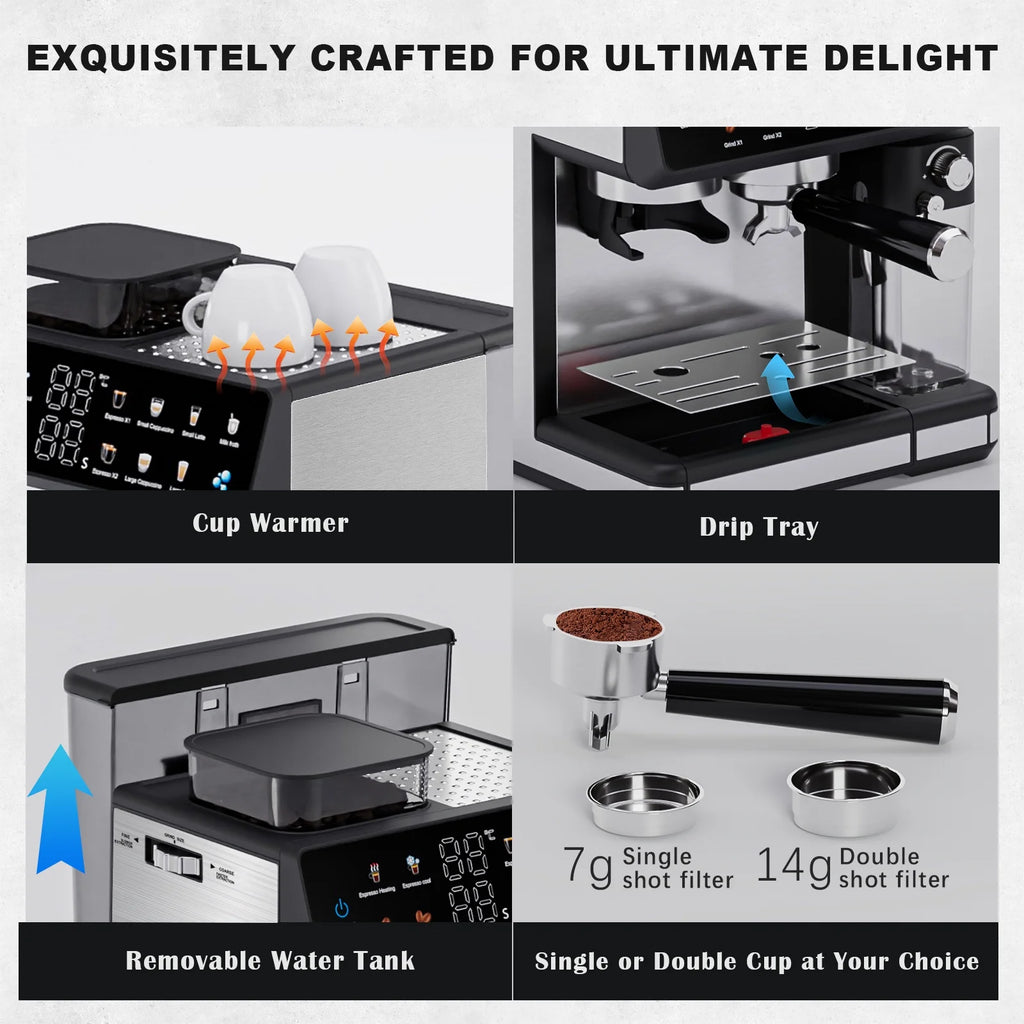 Bluebow All-in-One Espresso Machine with Grinder, 20-Bar Automatic Coffee Maker, Built-in Milk Frother for Latte & Cappuccino, Single/Double Shot