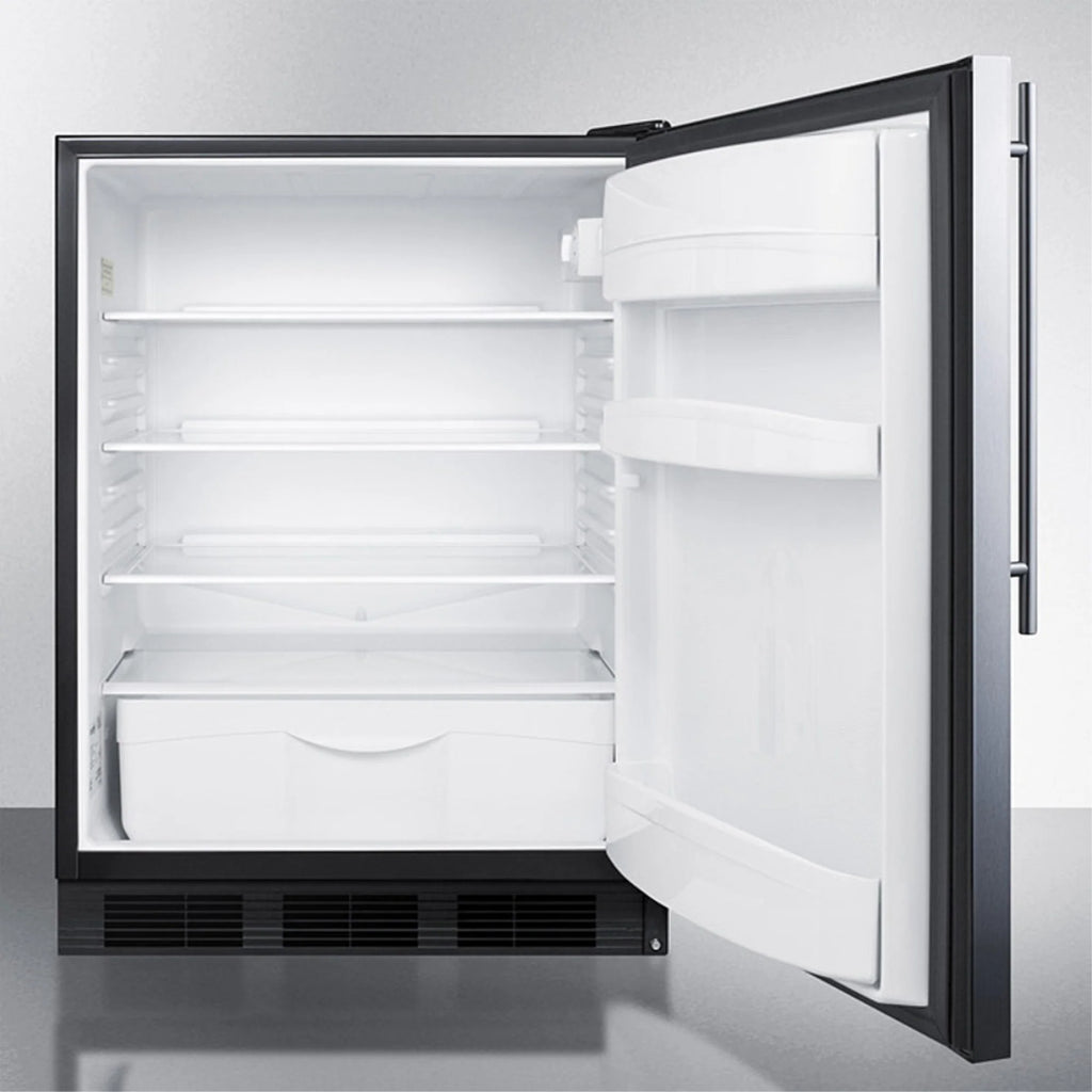 ADA compliant all-refrigerator for built-in general purpose use, auto defrost w/stainless steel wrapped door, thin handle, and black cabinet