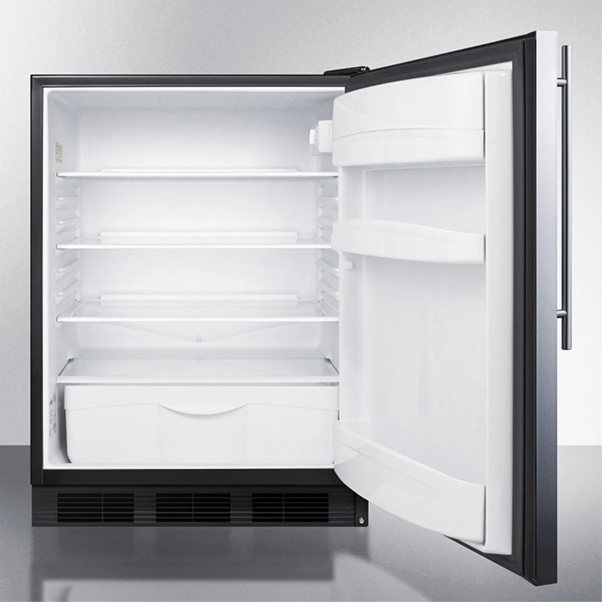 ADA compliant all-refrigerator for built-in general purpose use, auto defrost w/stainless steel wrapped door, thin handle, and black cabinet