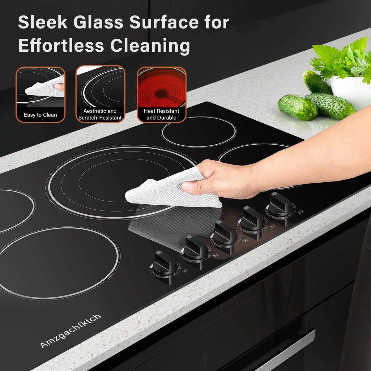 30in 5-Burner Built-In Electric Cooktop 9000W, Knob Control Ceramic Stove Easy Clean, No Radiation Family-Safe