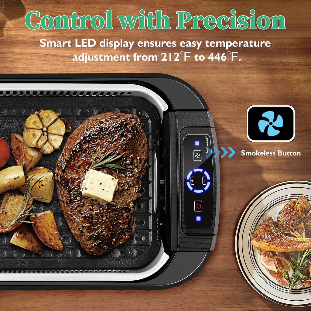 Techwood Indoor Smokeless Grill, 1500W, Black, Electric Portable Korean BBQ Grill with Tempered Glass Lid