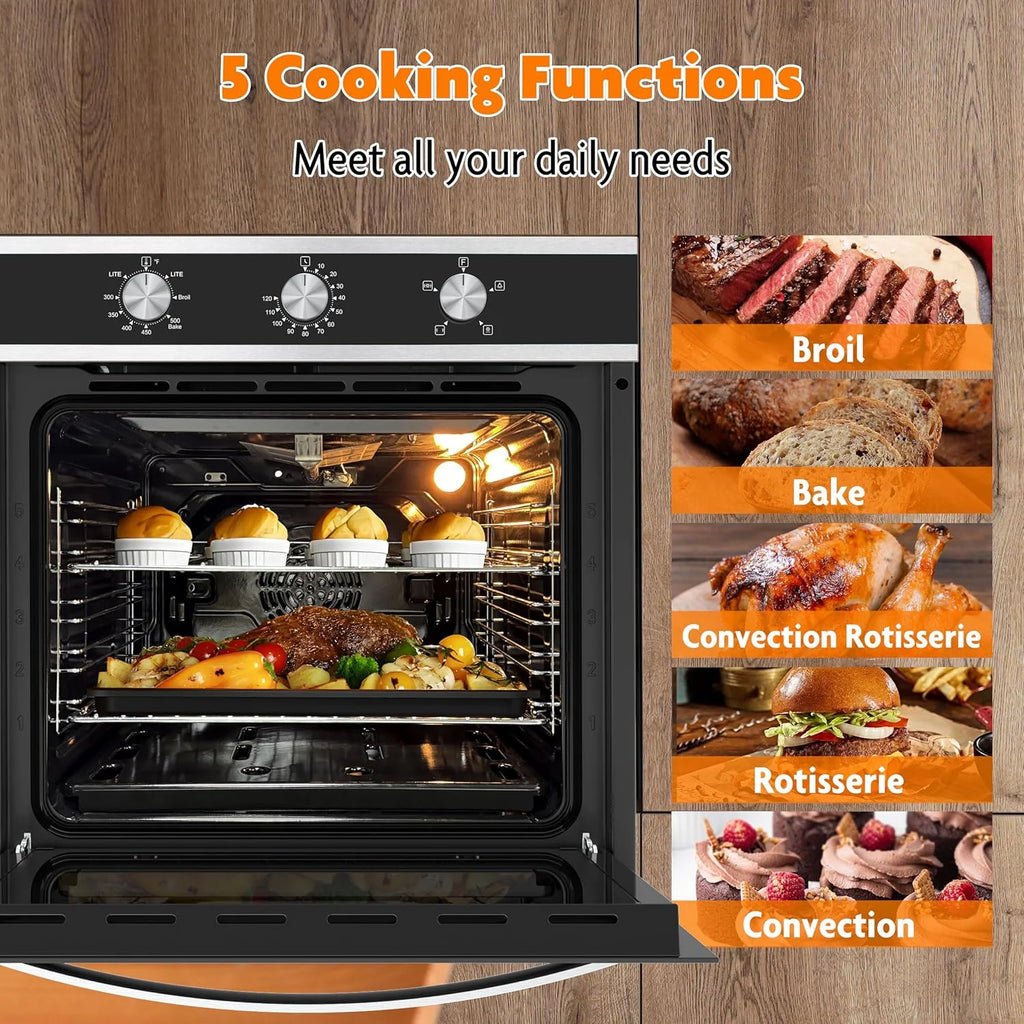 24 Inch 2.3 cu. Ft. Single Gas Wall Oven, Bake Broil Rotisserie, Mechanical Controls, Built-in Timer, Convection Fan in Stainless Steel