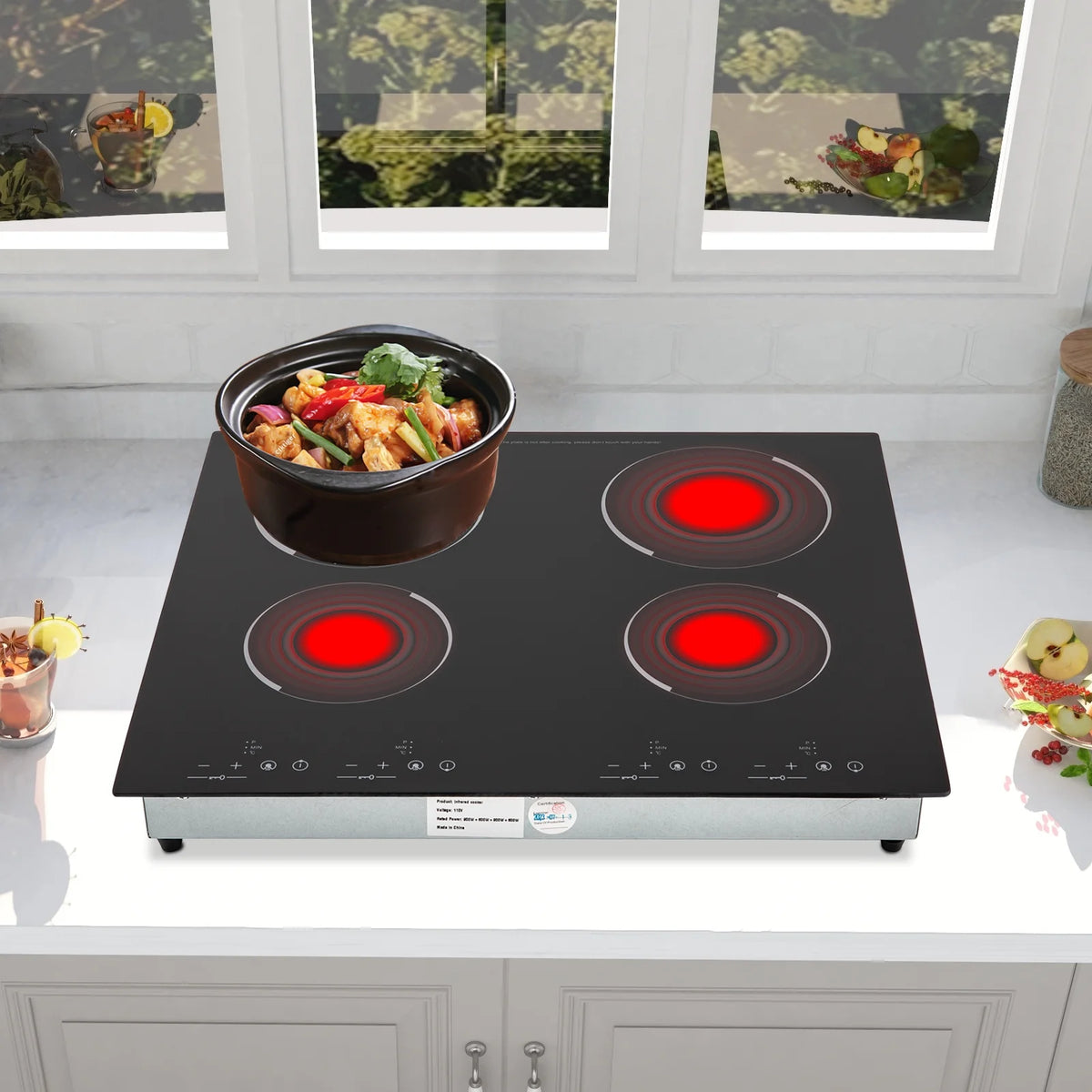 Peakora Electric Cooktop, Built-in Cooktop 3000W, Electric Stove Top with 4 Electric Burners, 9 Heating Level, Kid Safety Lock, Sensor Touch Control, 110V