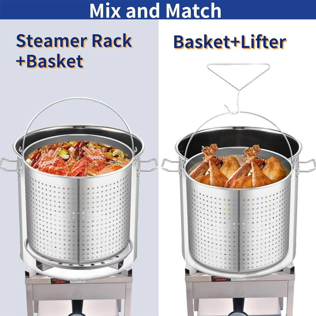 64QT Stainless Steel Seafood Boiling Kit, 200,000BTU Propane Burner And Crawfish Boil Pot w/Basket and Steamer Rack, For Outdoors Cooking and Steaming, Large Turkey Fryer Pot, Lobster Shrimp Pot