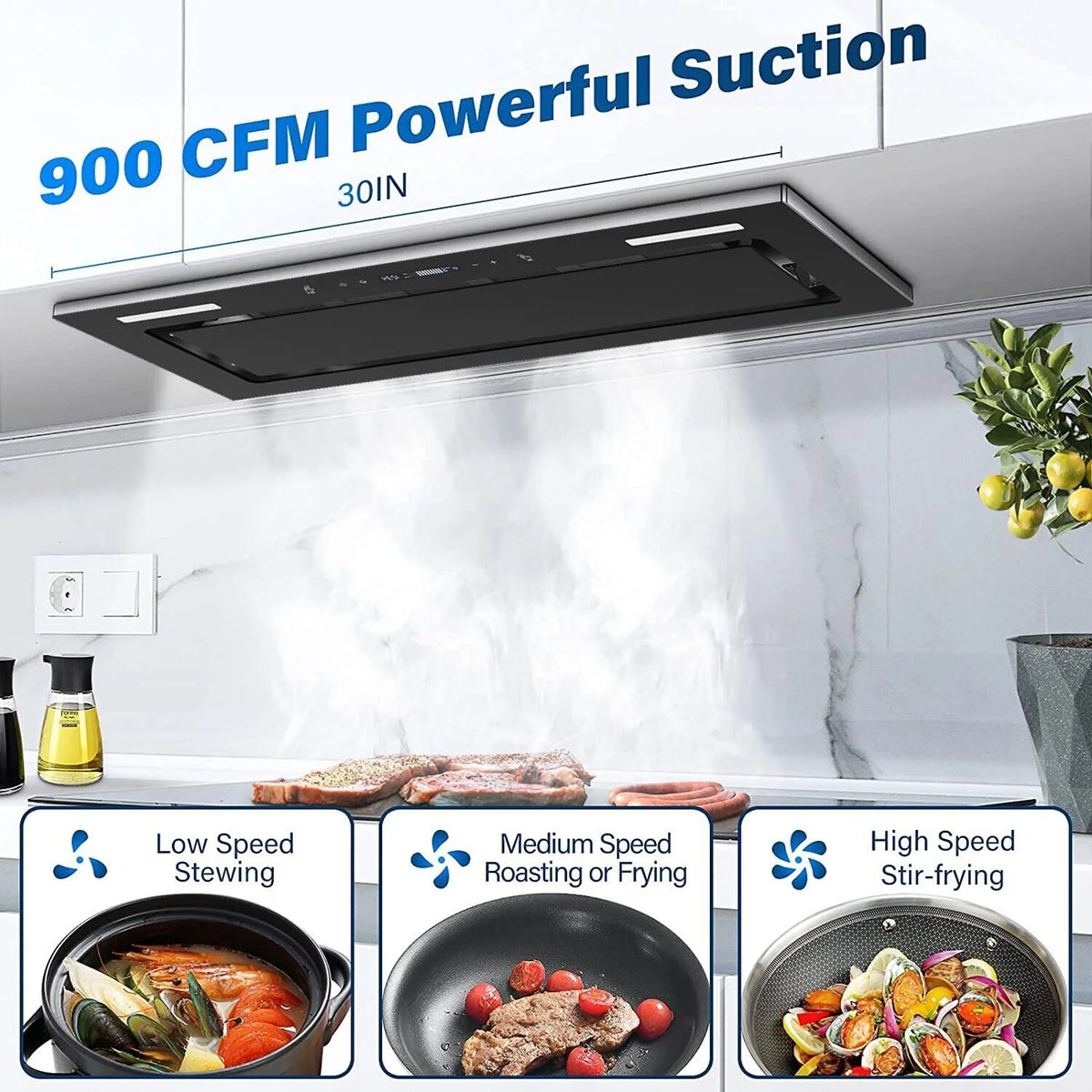 30 inch Built-in Insert Range Hood 900CFM Tempered Glass Kitchen Vent Hood