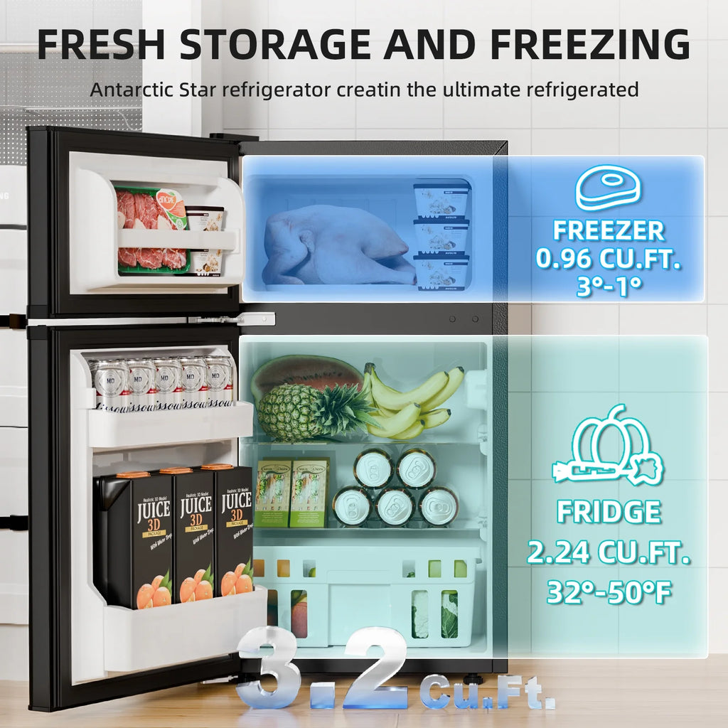 FREE VILLAGE Compact Refrigerator with Freezer,2 Door Mini Fridge,Adjustable Shelf,Small Fridge for Bedroom Office Dorm Kitchen,3.2 Cu.Ft.