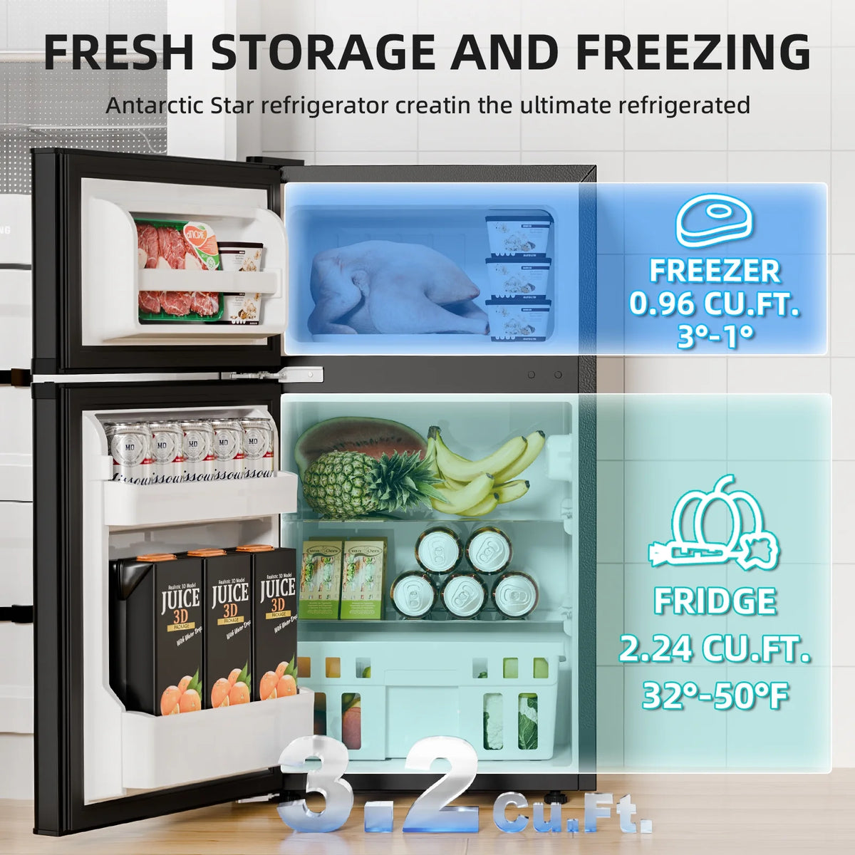 FREE VILLAGE Compact Refrigerator with Freezer,2 Door Mini Fridge,Adjustable Shelf,Small Fridge for Bedroom Office Dorm Kitchen,3.2 Cu.Ft.