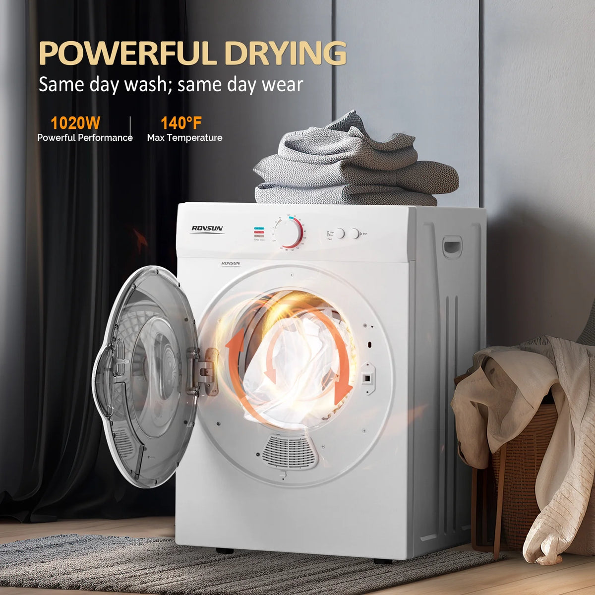 VINGLI 1.8 Cu.Ft Portable Clothes Dryer, Front Load Dryer Machine, Compact Laundry Dryer with Stainless Steel Tub for Apartment, Home, Dorm