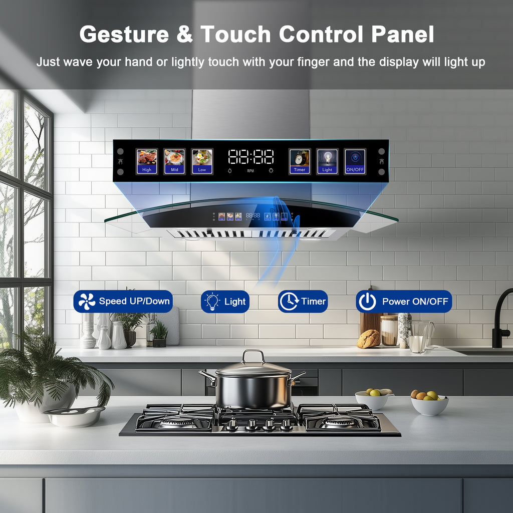 30 inch Stainless Steel Island Mount Range Hood 700 CFM, 120V Exhaust Fan, 3-Speed 65dB, Gesture Control & LED Lights?