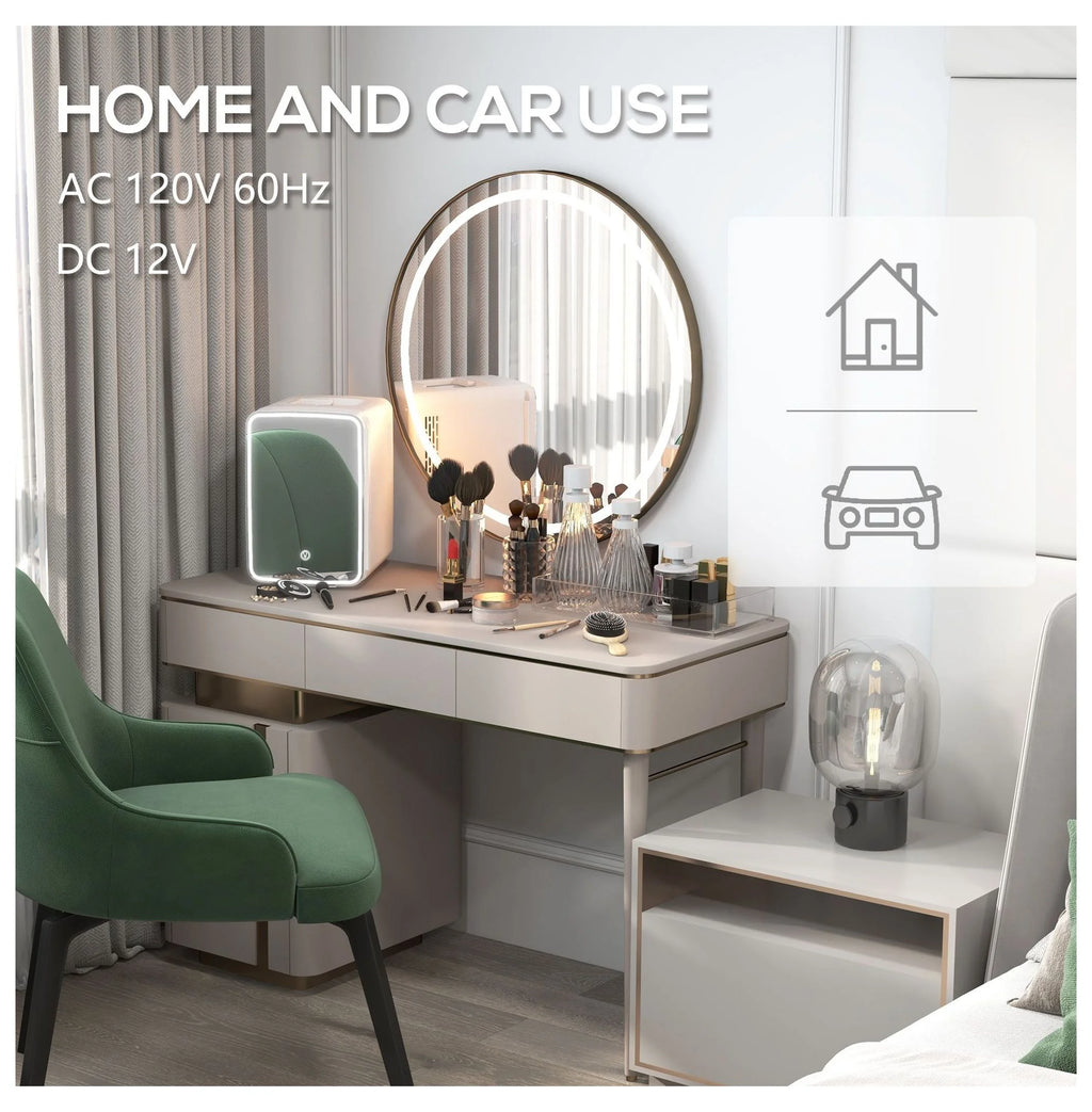 Skincare Fridge with Mirror - 10L Mini Beauty Refrigerator - Cooler & Warmer - LED Lighted - for Bedroom, Car, Skincare & Beverages - AC/DC Powered