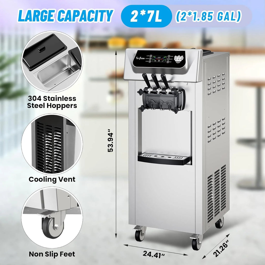 2200W Commercial Soft Ice Cream Machine 3 Flavors Clean Led Panel Perfect for Restaurants Snack Bar Supermarkets