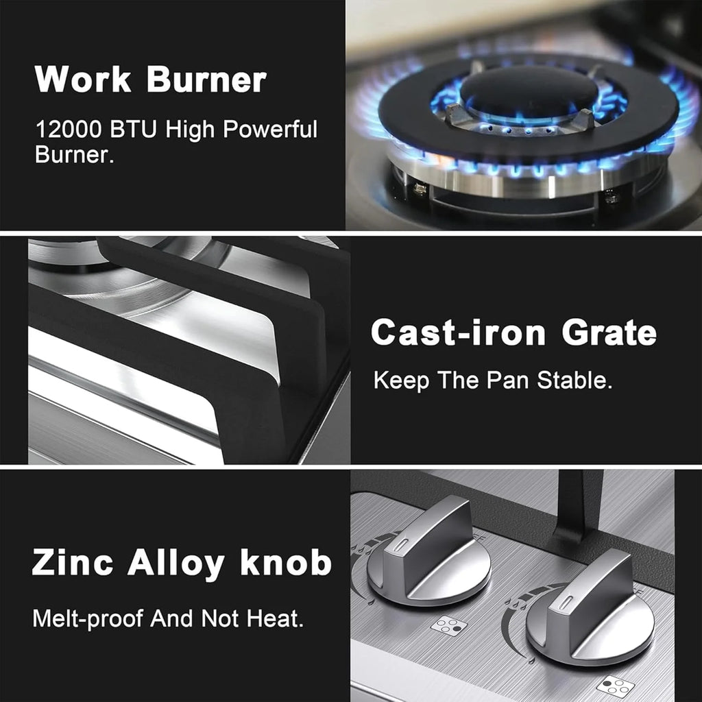 24 inch Gas Cooktop, Bulit-in Gas Stove Top with 4 Burner, NG/LPG Convertible Cooktops, Dual Burner Propane Cooktop with Thermocouple Protection, Stainless Steel
