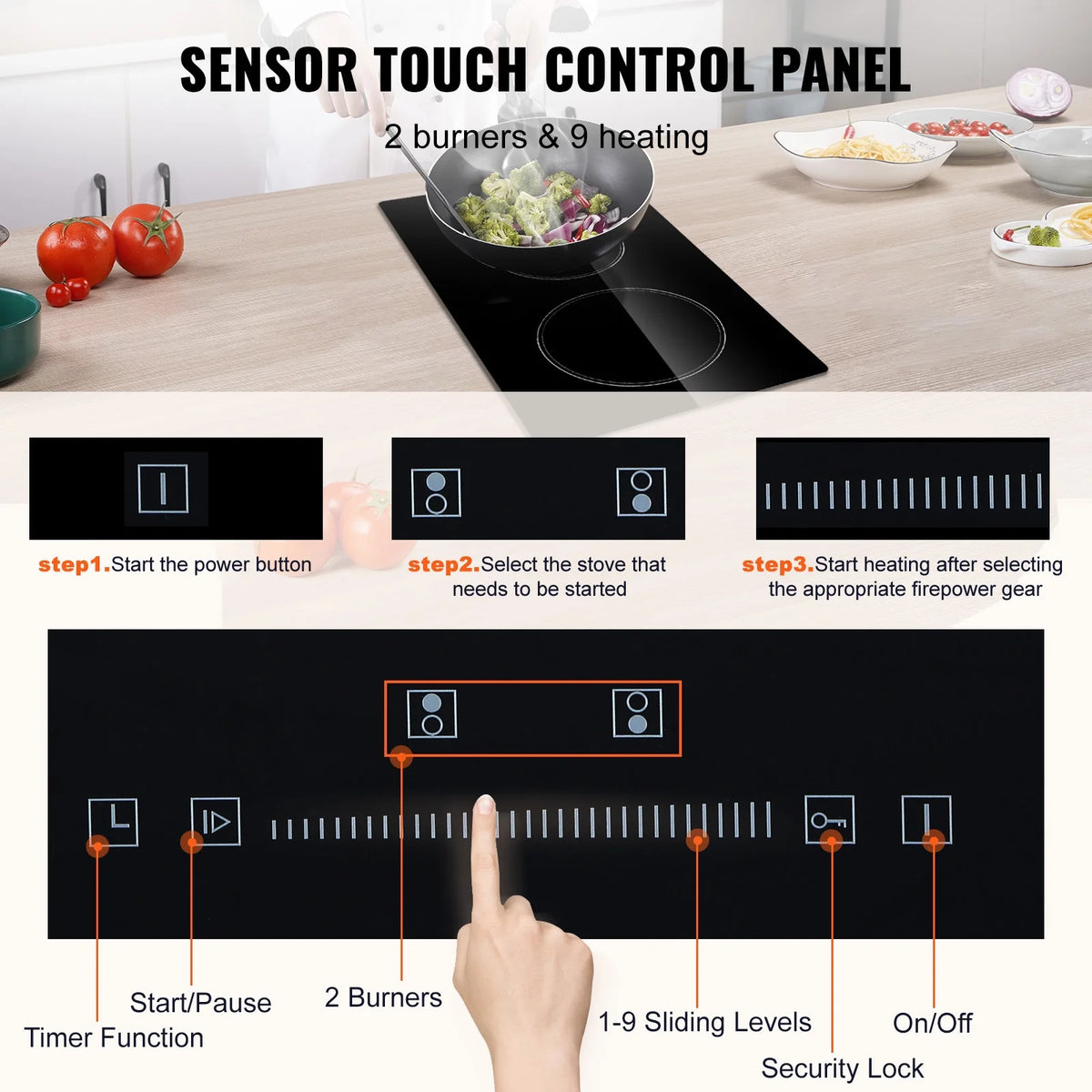 KFFKFF 2 Burner Electric Cooktop, 220-240V 1800W 20 Inch Built-in Electric Stove Ceramic Cooktop with Touch Screen, 9 Levels Settings, Overheat Protection with US Plug