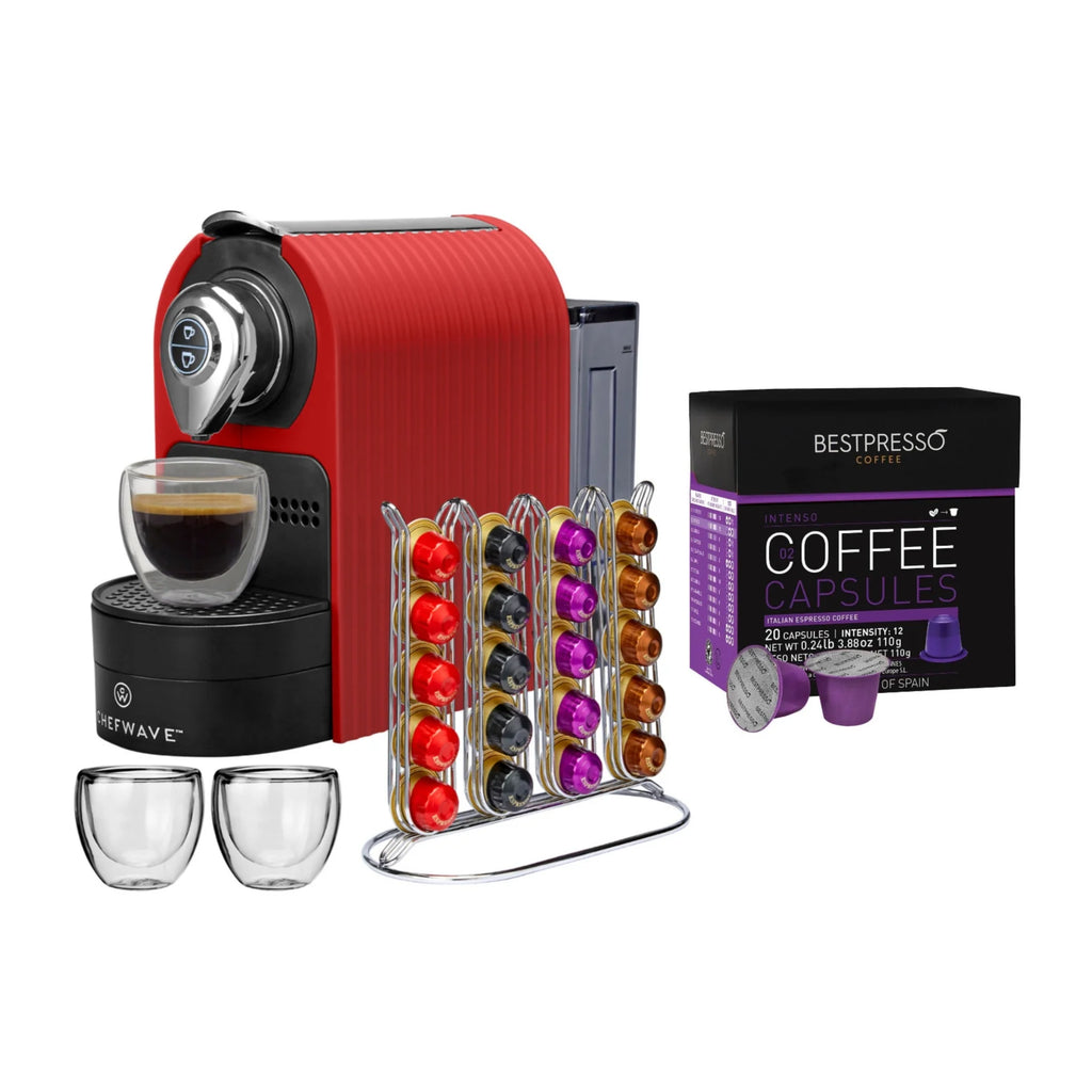 ChefWave Mini Espresso Machine for Nespresso Capsules (Red) with Accessories