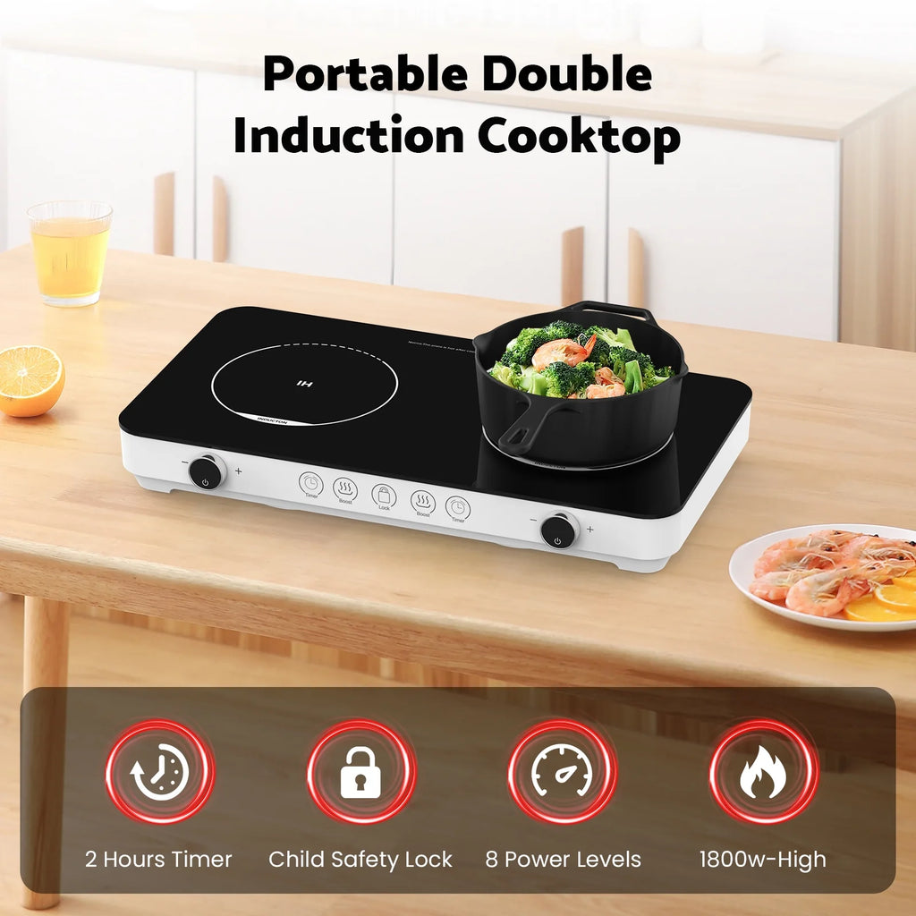 Advwin Double Induction Cooktop Burner, 1800W Portable Induction Cooktop with 8 Temperature & Power Levels, Timer, Child Lock, Independent 2 Burner Control, Ultra-Thin Design
