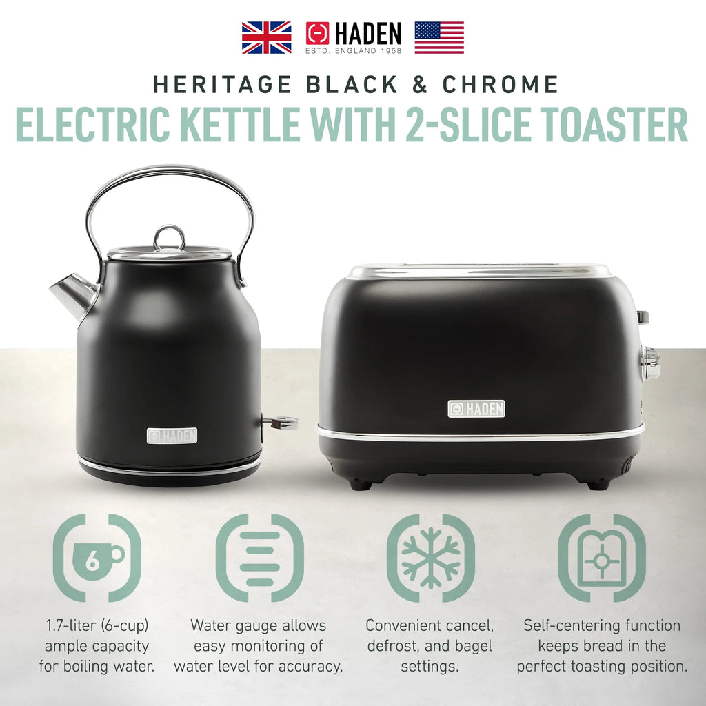 Haden Heritage 1.7 Liter Electric Kettle with 2 Slice Bread Toaster, White