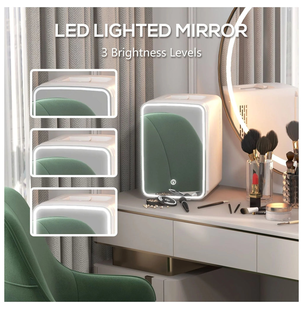 Skincare Fridge with Mirror - 10L Mini Beauty Refrigerator - Cooler & Warmer - LED Lighted - for Bedroom, Car, Skincare & Beverages - AC/DC Powered