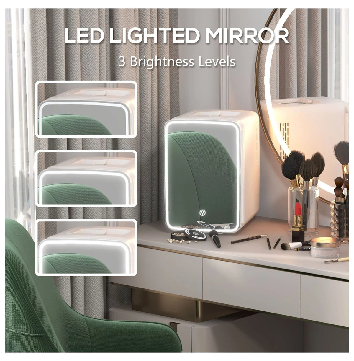 Skincare Fridge with Mirror - 10L Mini Beauty Refrigerator - Cooler & Warmer - LED Lighted - for Bedroom, Car, Skincare & Beverages - AC/DC Powered