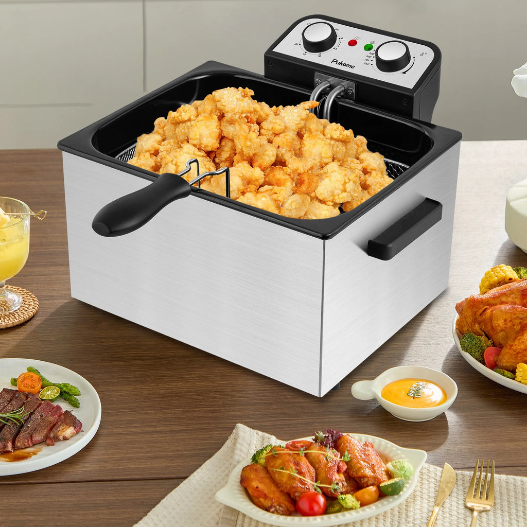 SUSTEAS 5.3 Qt Electric Deep Fryer with 3-Baskets for Home, 1800W, Timer & Temp Control, Stainless Steel & Black
