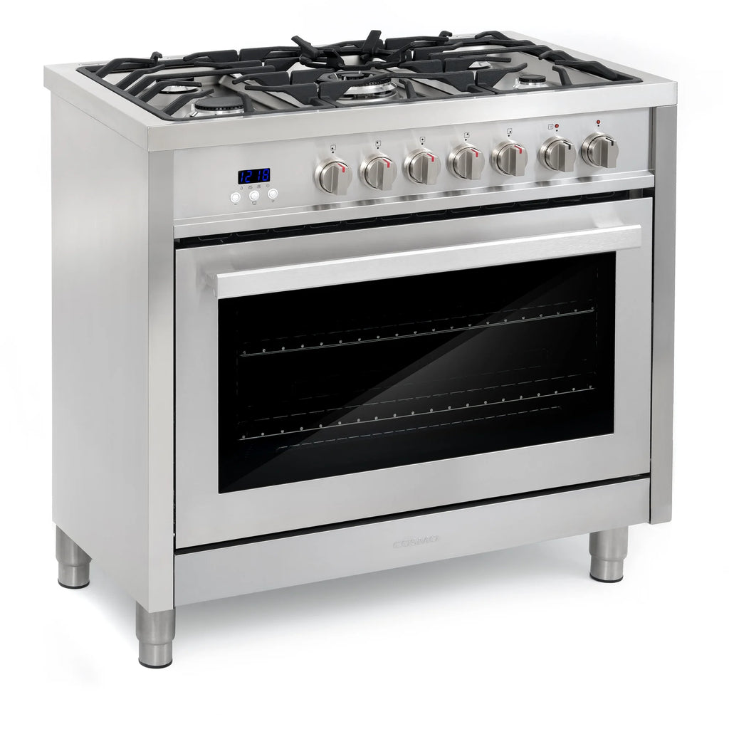 Cosmo 4 Piece Kitchen Appliance Package with 36" Freestanding Dual Fuel Range 36" Island Range Hood 24" Built-in Integrated Dishwasher & French Door Refrigerator Kitchen Appliance Bundles