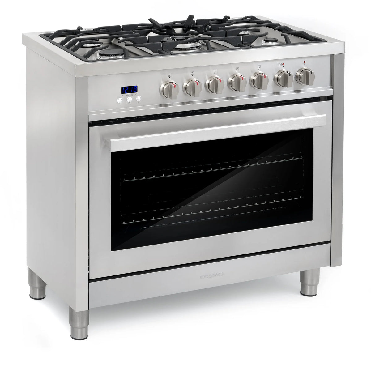 Cosmo 4 Piece Kitchen Appliance Package with 36" Freestanding Dual Fuel Range 36" Island Range Hood 24" Built-in Integrated Dishwasher & French Door Refrigerator Kitchen Appliance Bundles