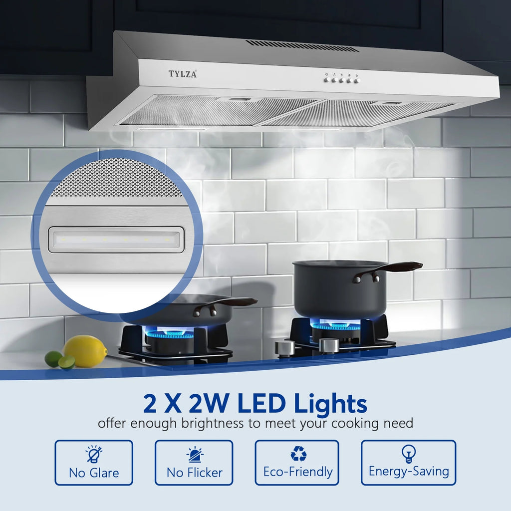 Tylza 30" 600 CFM Stainless Steel Kitchen Under Cabinet Range Hood with 2 x 2W LED Lights and 2 Replacement Charcoal Filter