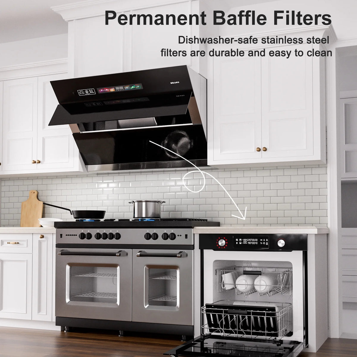 BRANO 30 inch Range Hood Stainless Steel Kitchen Hood, 900CFM, Voice/Gesture Sensing, Touch Control, Side-Draft Design