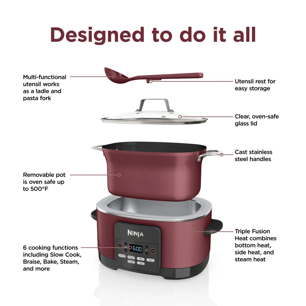Ninja Foodi Possible Cooker, 8.5 Quart, 6-in-1 Multi-Cooker, Slow Cooker, Steamer, Glass Lid Integrated Cooking Utensil, Nonstick, Oven Safe Pot to 500°F, Cherry Tarte, MC1000WM