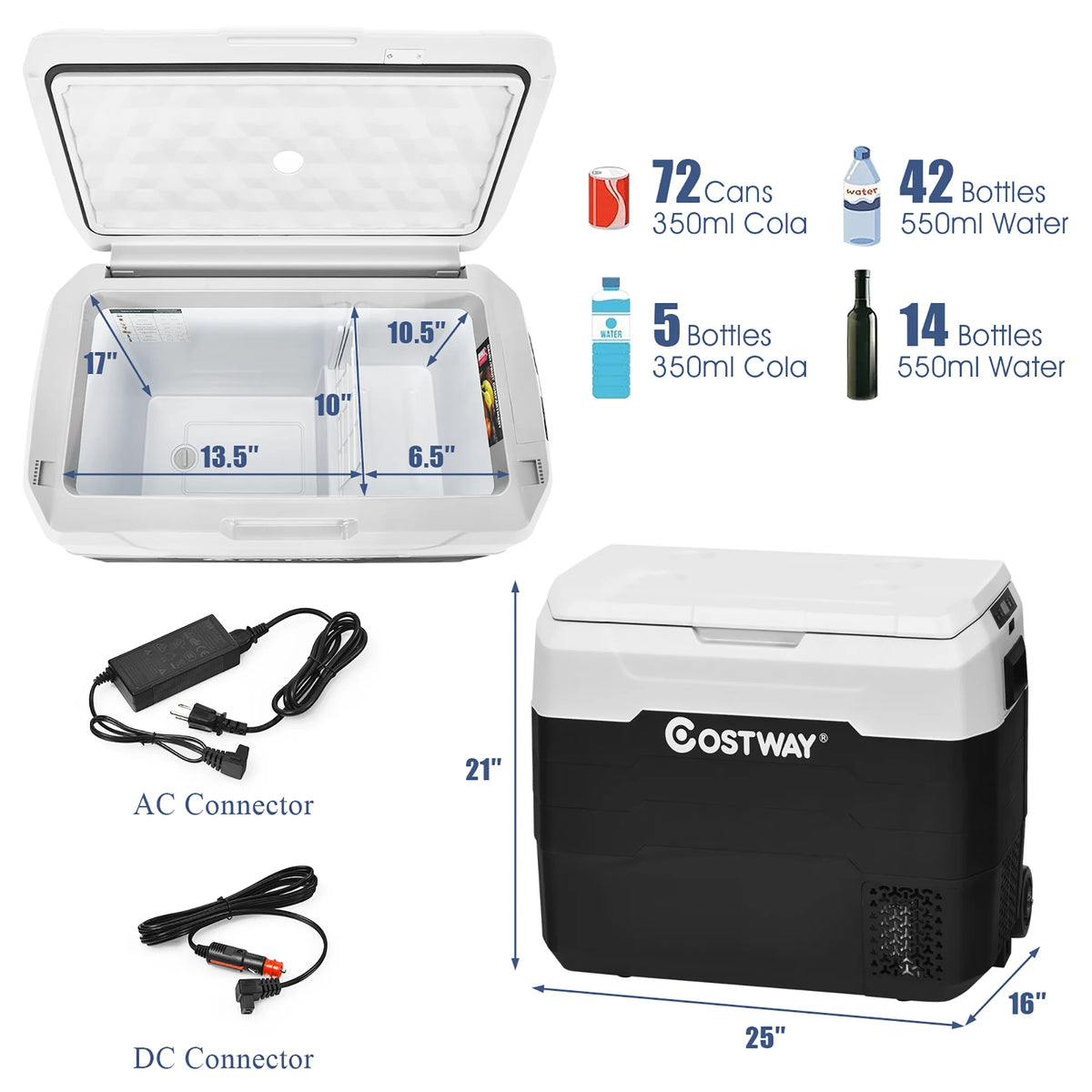 Costway 53 qt Wheeled Corded Electric Dual-Zone Portable Car Refrigerator, White