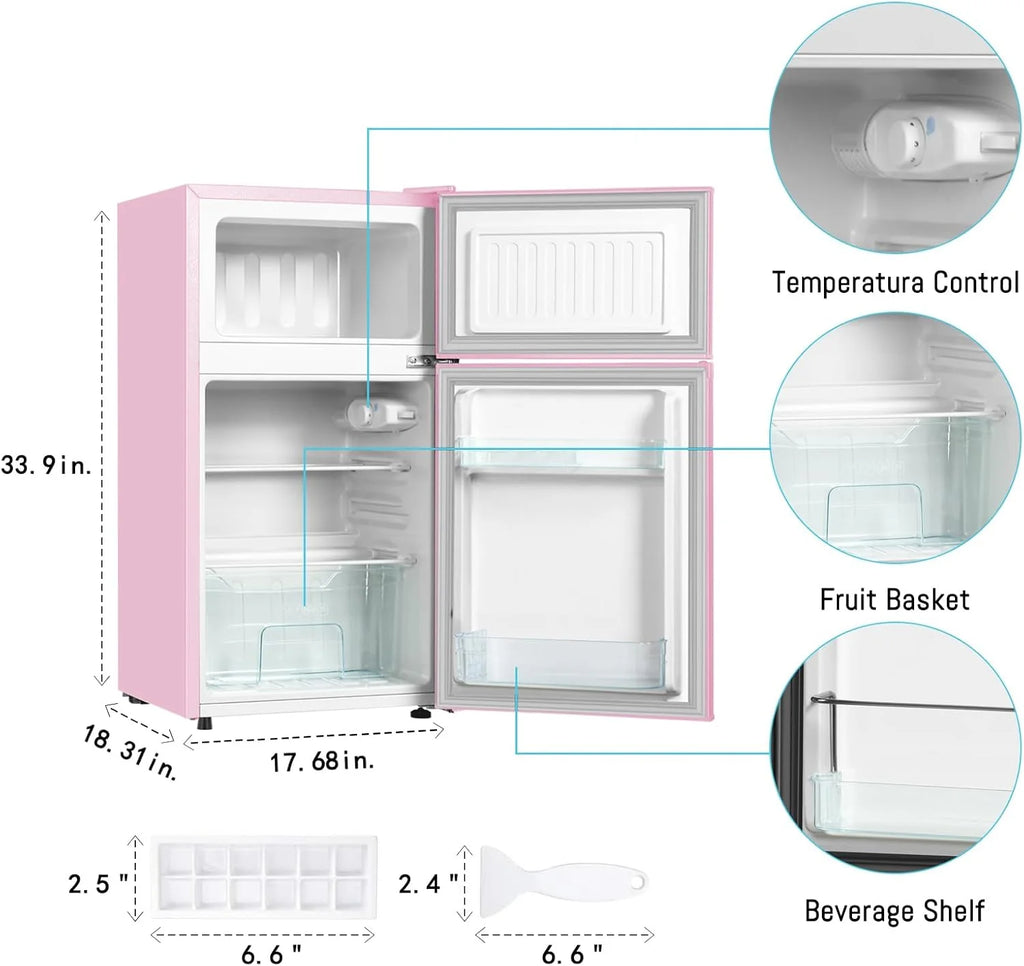 HUMSURE 3.2 Cu.Ft Pink Mini Fridge With Freezer, Compact Dorm Refrigerator, 2 Doors for Bedroom, Office, Kitchen, Apartment
