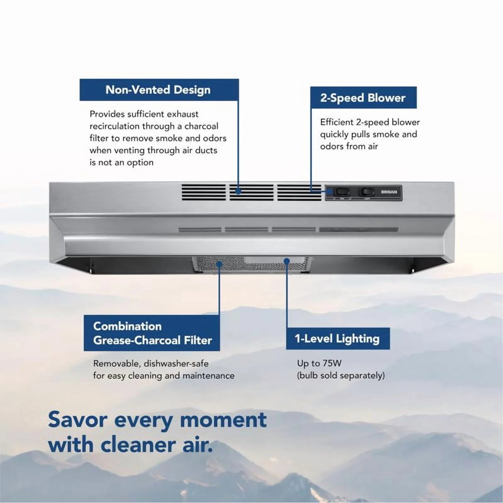 Broan 24 Inch Stainless Steel ADA Capable Non Ducted Under Cabinet Range Hood