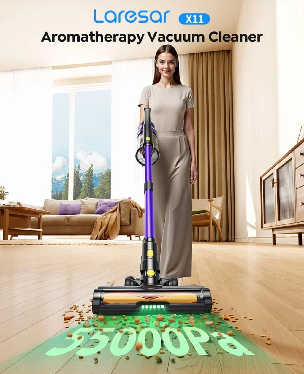 Laresar Aromatherapy Cordless Stick Vacuum, 550W 55Kpa, Green Laser, 60Min Runtime, Pet Hair & Hard Floor Cleaner