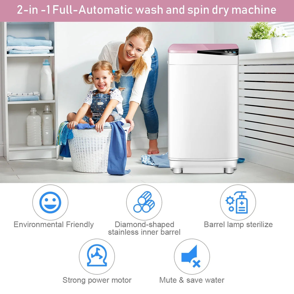 Full-Automatic Washing Machine 7.7 lbs Washer/Spinner Germicidal UV Light Pink