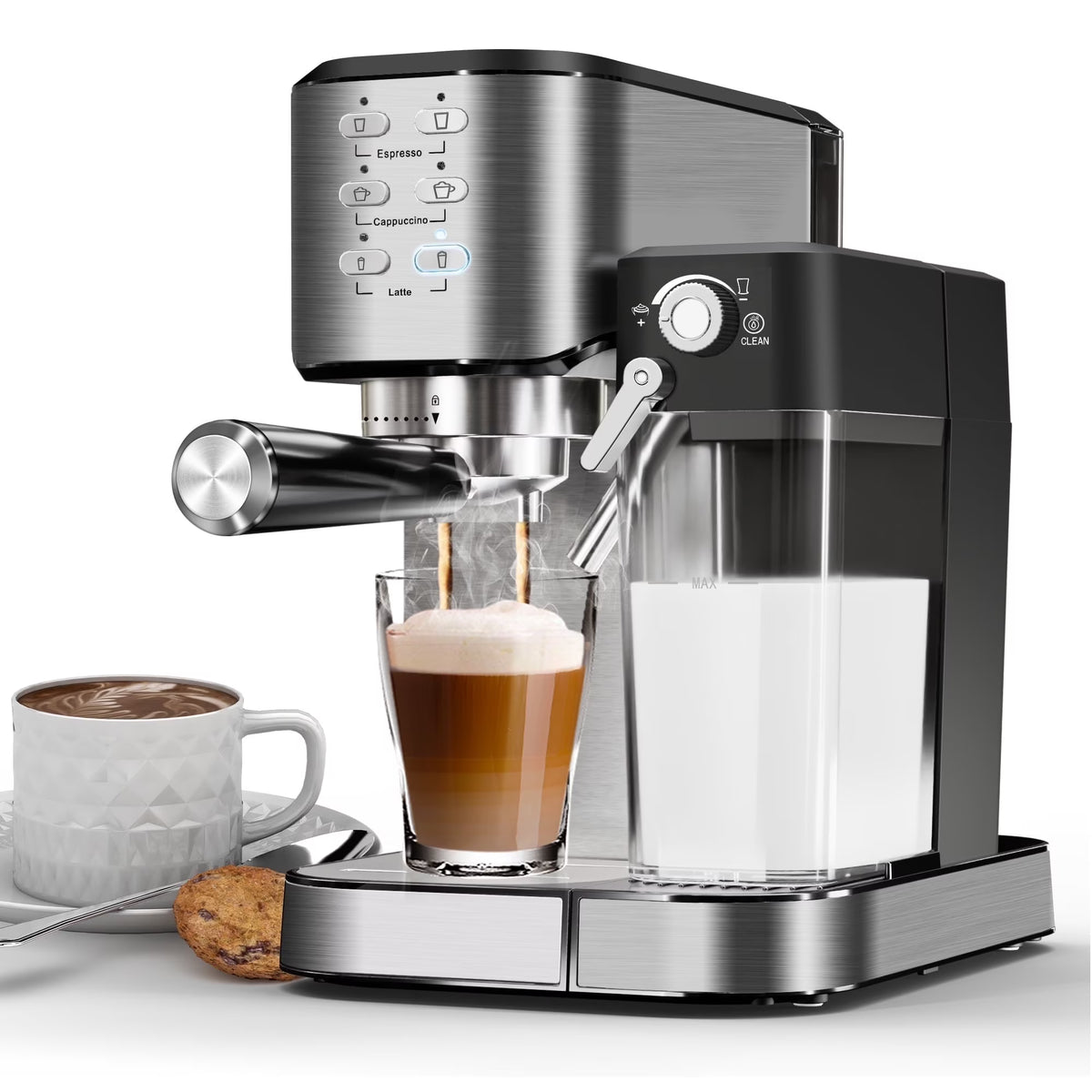 Bluebow 6-in-1 Espresso Machine, 20 BAR Cappuccino & Latte Machine with Built-In Milk Frother, One-Touch Single/Double Shot, 1350W, Stainless Steel