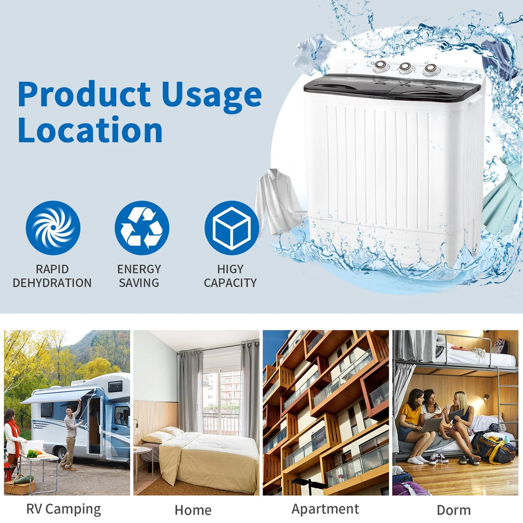 UbesGoo Compact Twin Tub Portable Mini Washing Machine 20lbs Total Washing Machine W/Drain Pump