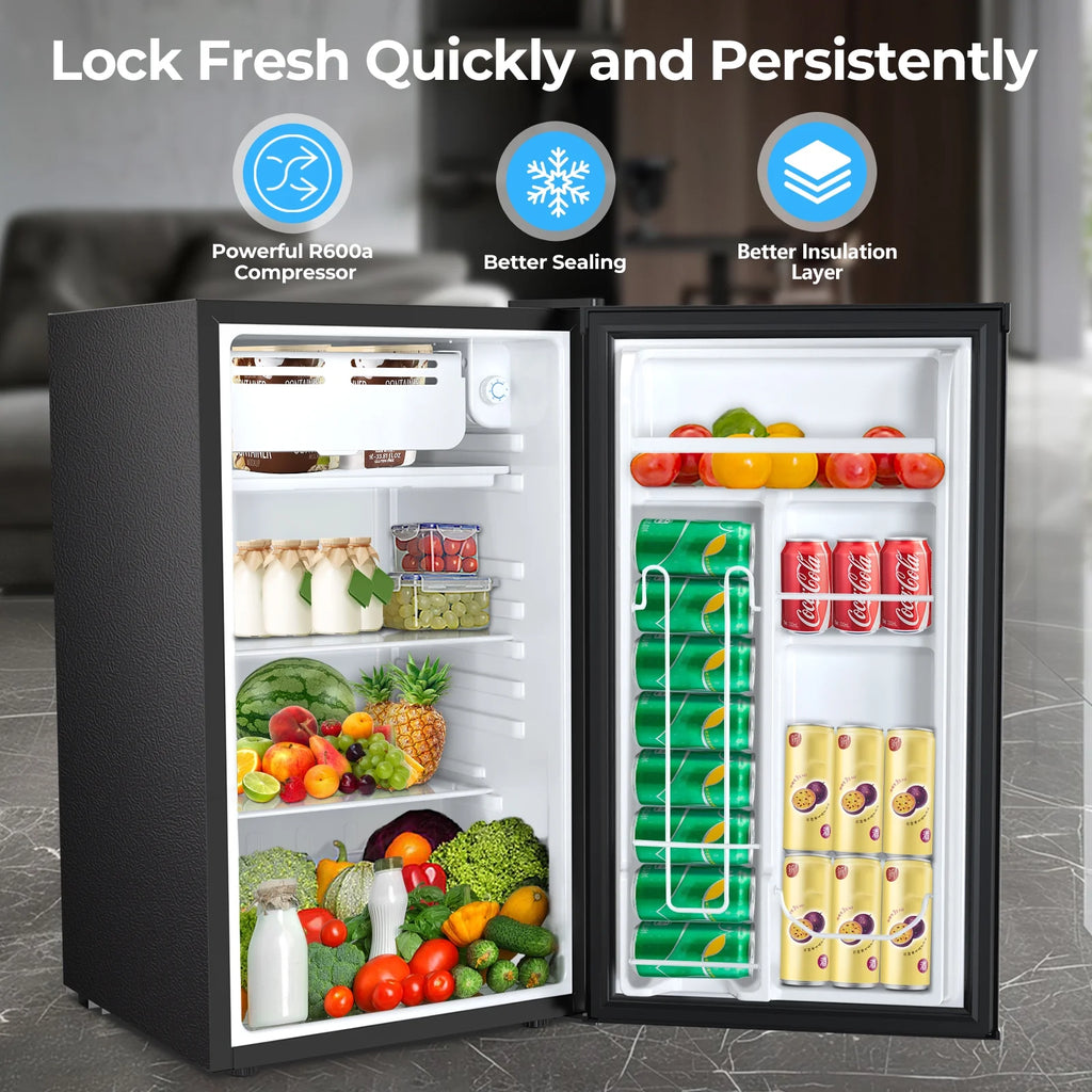 WAA 3.2 Cu.Ft Mini Fridge with Freezer,Single Reversible Door Compact Refrigerator,Adjustable Thermostat,2 Removable Shelves,Small Dorm Fridge for Bedroom,Office,Kitchen,Dorm,Black