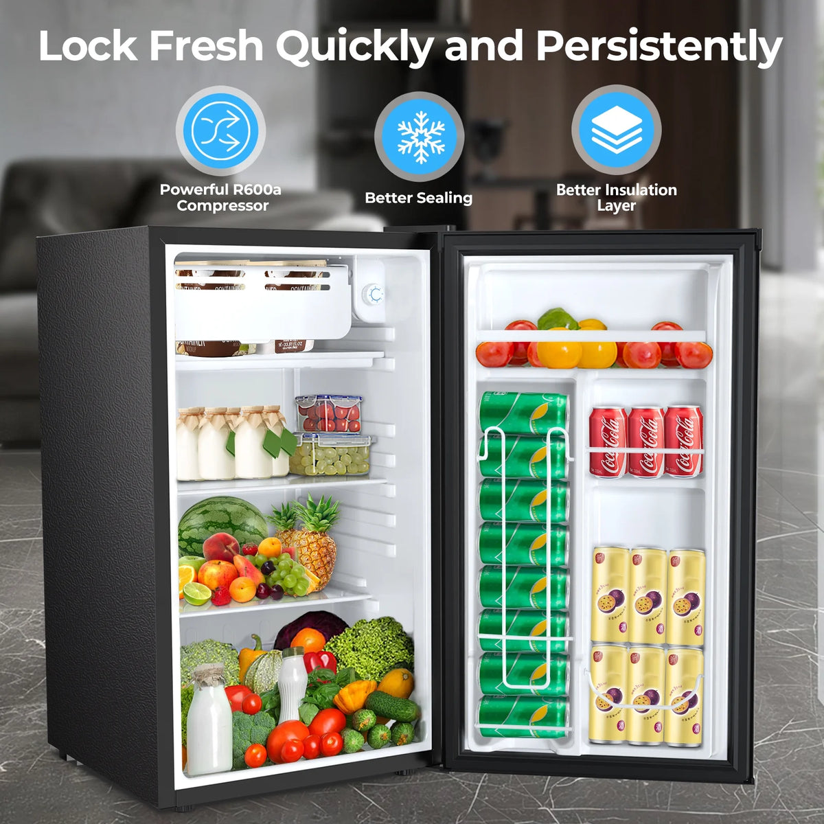 WAA 3.2 Cu.Ft Mini Fridge with Freezer,Single Reversible Door Compact Refrigerator,Adjustable Thermostat,2 Removable Shelves,Small Dorm Fridge for Bedroom,Office,Kitchen,Dorm,Black