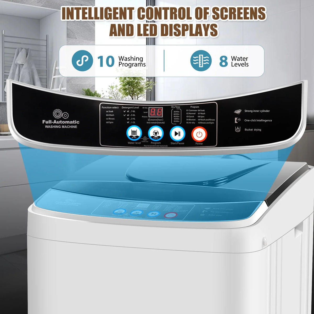 Veeboto Portable Washing Machine, Upgrade 20LBS Large Capacity Full Automatic Washing Machine, 2.8 Cu.ft Laundry Machine with 10 Programs and 8 Water Levels for Home, Apartment, Dorms