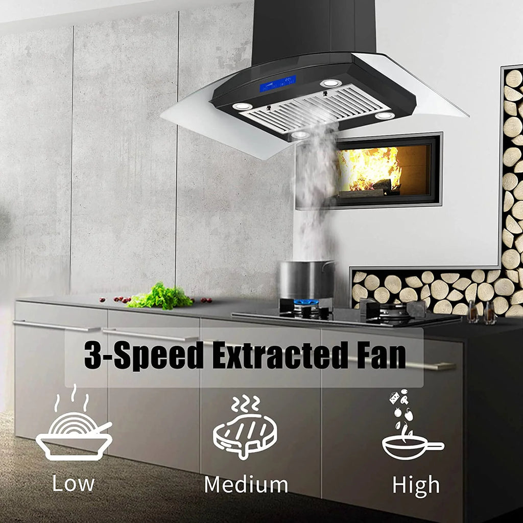 Island Mount Range Hood 36 inch Kitchen 3-Speed Extractor Fan Mesh filter Tempered Glass