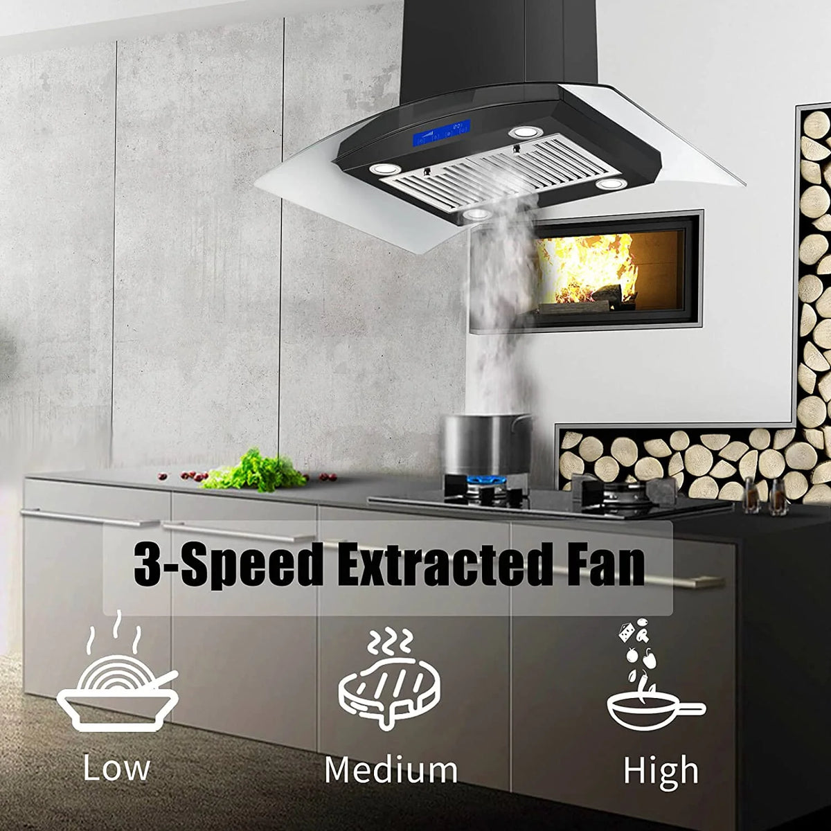 Island Mount Range Hood 36 inch Kitchen 3-Speed Extractor Fan Mesh filter Tempered Glass